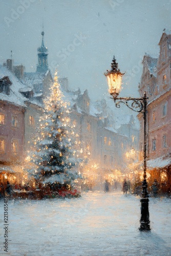Classic Christmas card featuring a richly decorated tree with golden ornaments.