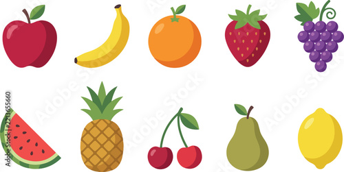 Set of flat style fruit icons apple banana orange strawberry grape watermelon pineapple cherry pear lemon vector illustration