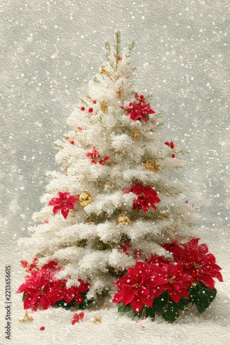 Nostalgic Christmas postcard with traditional tree, candles and vintage gifts.