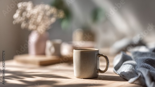Ceramic coffee mug sitting on a wooden table with soft morning sunlight