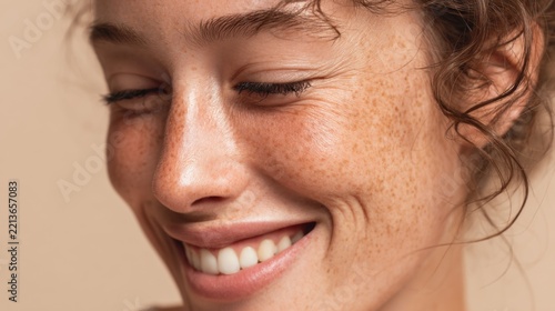 Close up portrait of smiling young woman with freckles and curly hair smile
