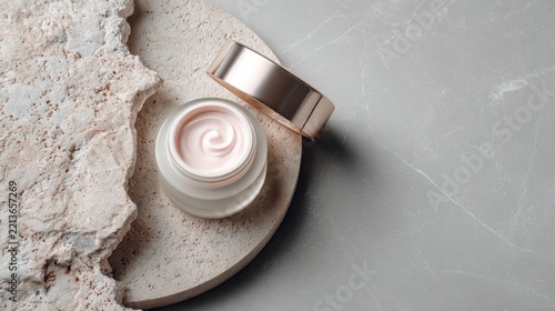 Open cosmetic cream jar with pink lotion placed on stone podiums skincare