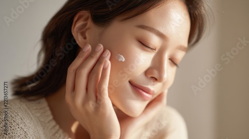 Young woman applying facial cream and smiling gently while closing her eyes