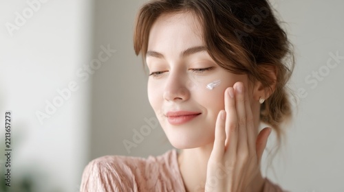 Young woman applying moisturizing face cream onto her cheek skin skincare