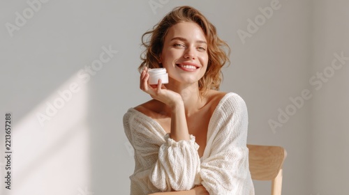 Young smiling woman holding a white cream jar and looking at the camera