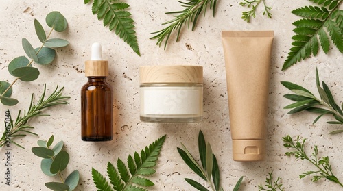 Natural Skincare Products Flat Lay With Botanical Ingredients and Eco Beauty Packaging