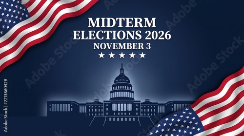 US Midterm Elections 2026 banner background with waving American flags and US Capitol silhouette for political campaign and voting media