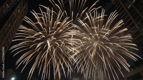 Spectacular Fireworks Display Over Modern City Skyline and Waterfront at Night