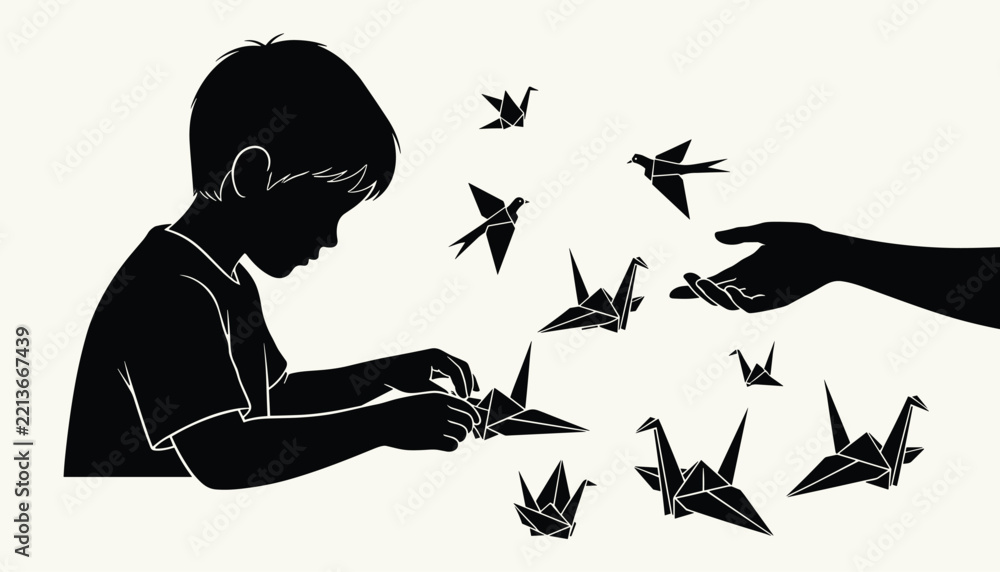 Obraz premium Black silhouette of a boy folding origami paper cranes while a hand offers more paper birds in a creative scene.
