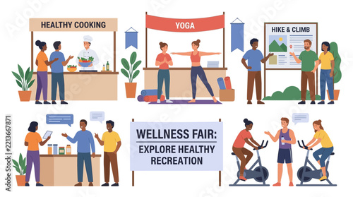 Wellness Fair Scene: Healthy Cooking, Yoga, Hiking, and Fitness Activities
