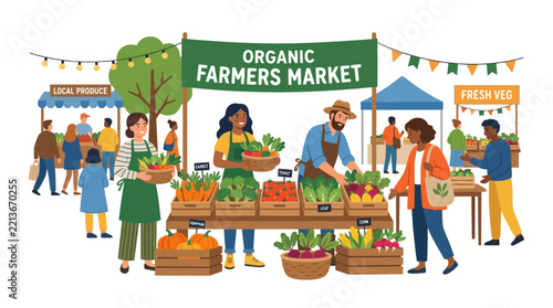 Vibrant Organic Farmers Market Scene with Diverse Shoppers and Fresh Produce