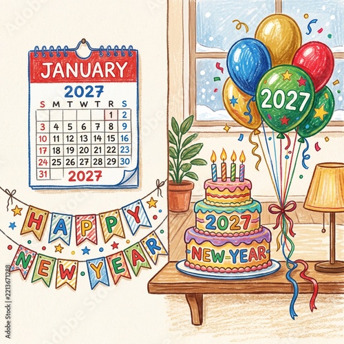 Happy New Year 2027 Festive Crayon Composition