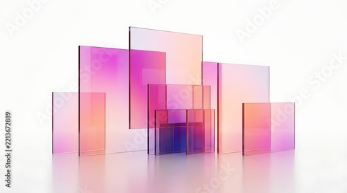 colorful glass panels in pink and purple hues on white background