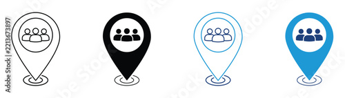 Team meeting point and community map pin icon. map pin icon representing audience location. People gathering place and demographic symbol. Vector illustration and transparent PNG.
