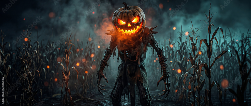 Fototapeta premium spooky halloween scarecrow with a glowing jack o' lantern head standing in a dark cornfield at night