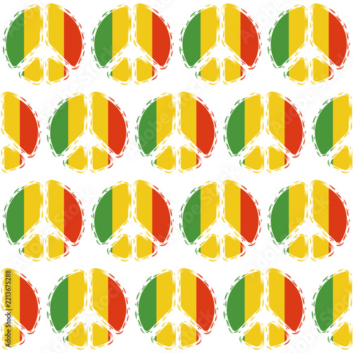 Seamless pattern with rasta flag with silhouette peace symbol. Vector colored background.