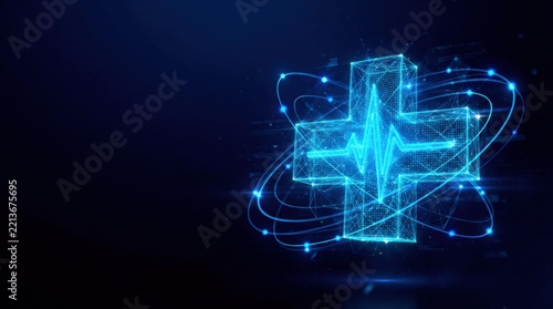 Futuristic glowing blue wireframe plus symbol in digital plexus hologram style, representing innovation and cyber technology on dark gradient background