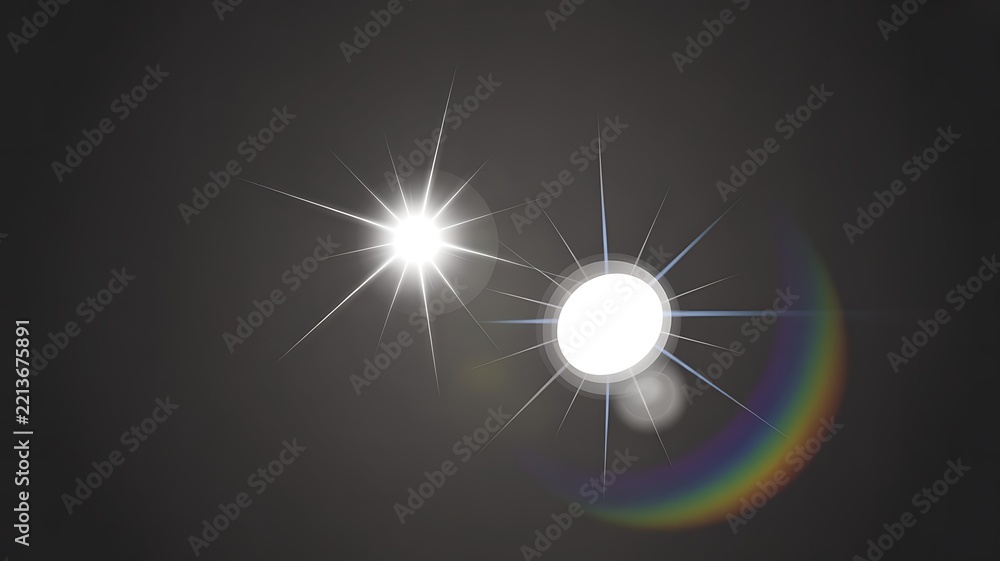 Fototapeta premium Bright sun flares and lens flare effects casting rainbow colors against a dark, muted background, a luminous display