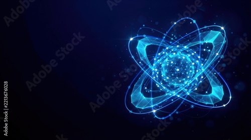 Futuristic glowing blue wireframe atomic structure in digital plexus hologram style, representing advanced technology and cyber innovation on dark gradient background