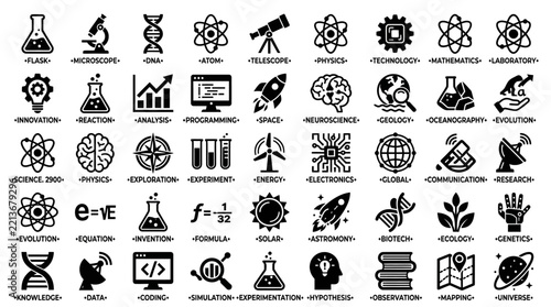 Science and Technology Icons Set: Innovation, Research, and Discovery Symbols
