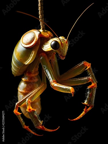 portrait of a mechanical praying mantis hanging on thread isolated on black background