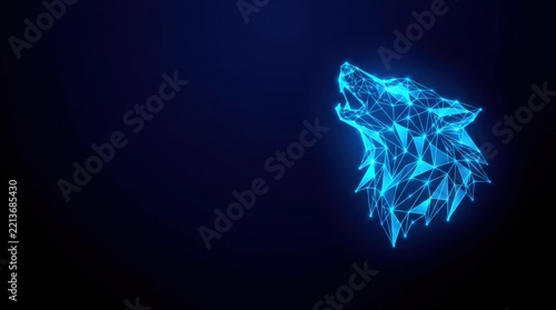 Futuristic glowing blue wireframe wolf head in digital plexus hologram style, representing cyber innovation and advanced technology on dark gradient background
