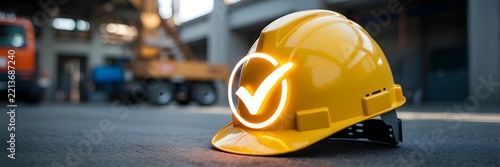 Construction site safety with glowing checkmark on yellow hard hat and heavy machinery