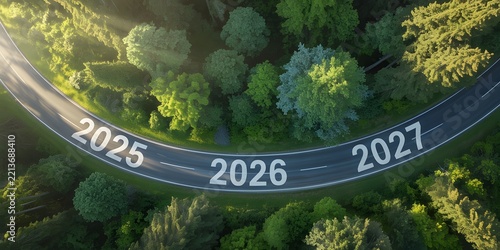Road winding through a lush green forest displaying 2025, 2026, 2027 years for future journey