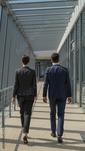 Two focused business professionals walking together through a bright modern glass skywalk corridor