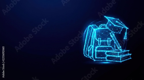 Futuristic glowing blue wireframe backpack, graduation cap, and books in digital plexus hologram style, representing advanced learning and cyber technology on dark gradient background.