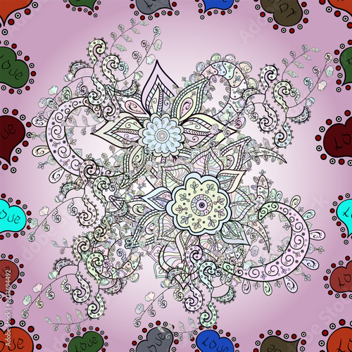 Decorative silver floral mandala vector with intricate lace ornaments on pink background. Elegant seamless pattern for textile, wallpaper, wrapping paper and luxury design.