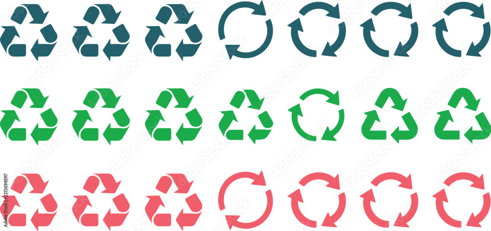 Fototapeta premium Set of twenty one minimalist vector recycle and eco friendly icons including various recycling symbols and circular arrows arranged in a grid against a clean white background