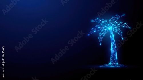 Futuristic glowing blue wireframe palm tree in digital plexus hologram style, representing artificial intelligence and futuristic cyber technology on dark gradient background.