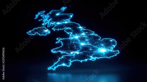 Futuristic glowing blue wireframe United Kingdom in digital plexus hologram style, representing advanced cyber technology and innovation on dark gradient background