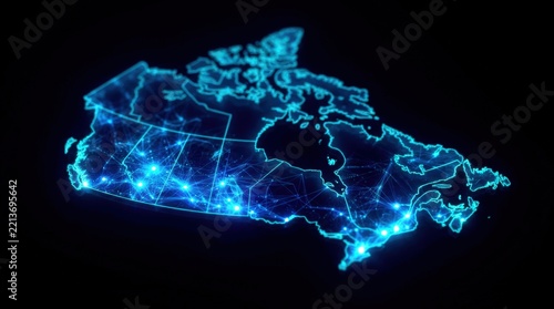 Futuristic glowing blue wireframe Canada in digital plexus hologram style, representing artificial intelligence, cyber networks, and advanced technology on dark gradient background.