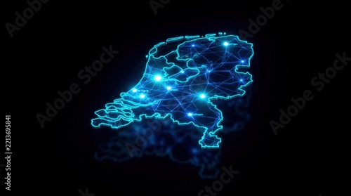 Futuristic glowing blue wireframe Netherlands map in digital plexus hologram style, representing advanced cyber innovation and technology on dark gradient background