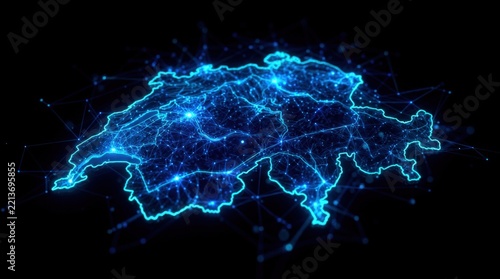 Futuristic glowing blue wireframe Switzerland in digital plexus hologram style, representing advanced cyber networks and technology on dark gradient background