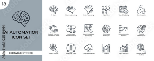AI Automation Icon Set with Machine Learning, Data Processing, Algorithm, Workflow, Robotic Process Automation and Analytics Line Icons, Editable Stroke Icons