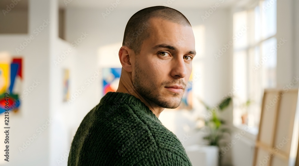 Naklejka premium Portrait of a handsome young man with a short buzz cut and stubble wearing a textured green knitted sweater looking over his shoulder in a bright contemporary art gallery or studio setting.