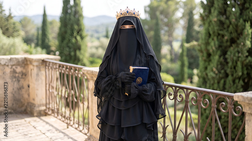 Muslim woman in black niqab and crown holding a book on a balcony in