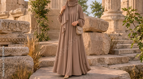 Muslim woman in beige hijab and abaya standing among ancient stone
