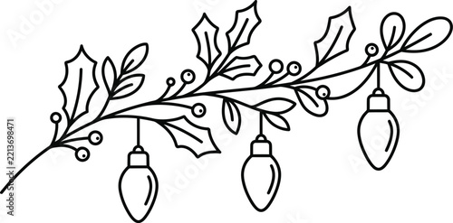 Minimalist Christmas holly branch line art vector, holiday garland with hanging light bulbs, festive botanical winter border illustration
