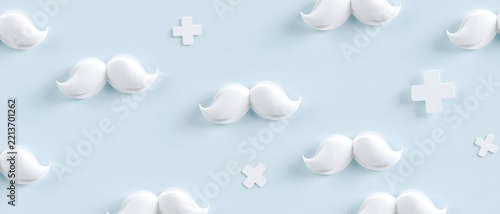 Abstract white mustache icons and cross symbols on soft blue surface