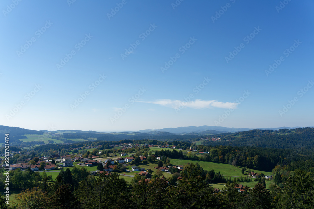 Fototapeta premium Bavarian Forest village panorama under clear sky