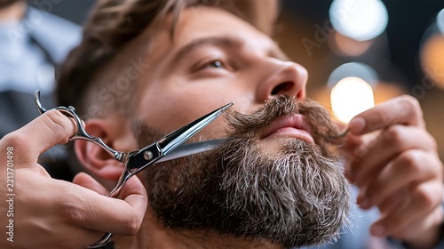 Barber carefully cutting a man's beard with scissors in a salon