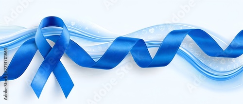 Blue satin ribbon with flowing waves on white background