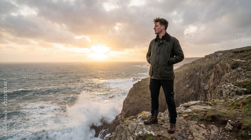 Obraz premium Thoughtful man in dark jacket standing on a rocky coastal cliff looking at powerful ocean waves at sunset.