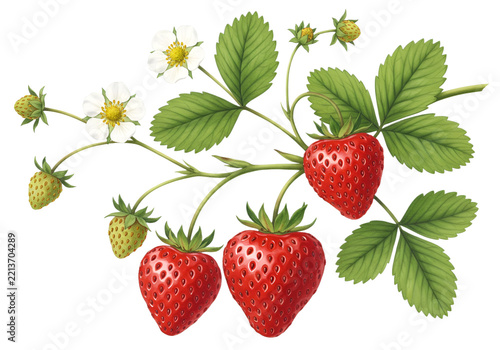strawberry fruit berry red leaf plant digital hand drawing illustration art