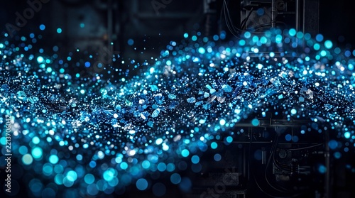 Abstract macro shot of vibrant blue metallic particles and shimmering dust on a dark industrial background, featuring a soft bokeh effect of crushed metal shim fragments and light.