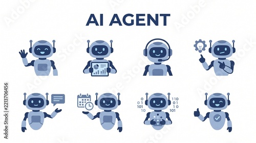 A set of eight vector-style blue robotic AI agent icons illustrating various helpful digital assistant activities such as waving, reporting, headset communication, brainstorming, and giving feedback